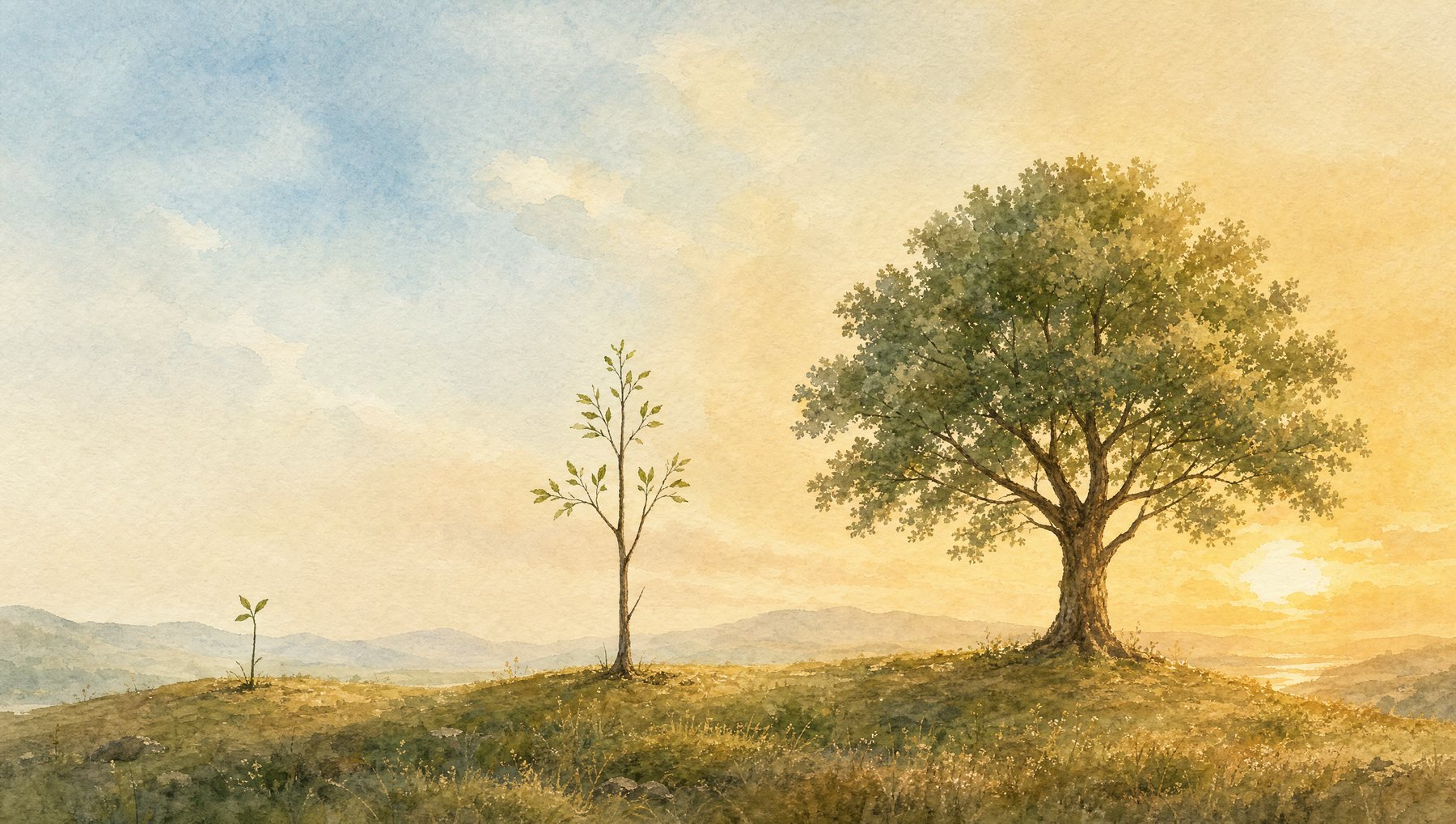 Vom kleinen Setzling zum vollen Baum - Wachstum im Abendlicht