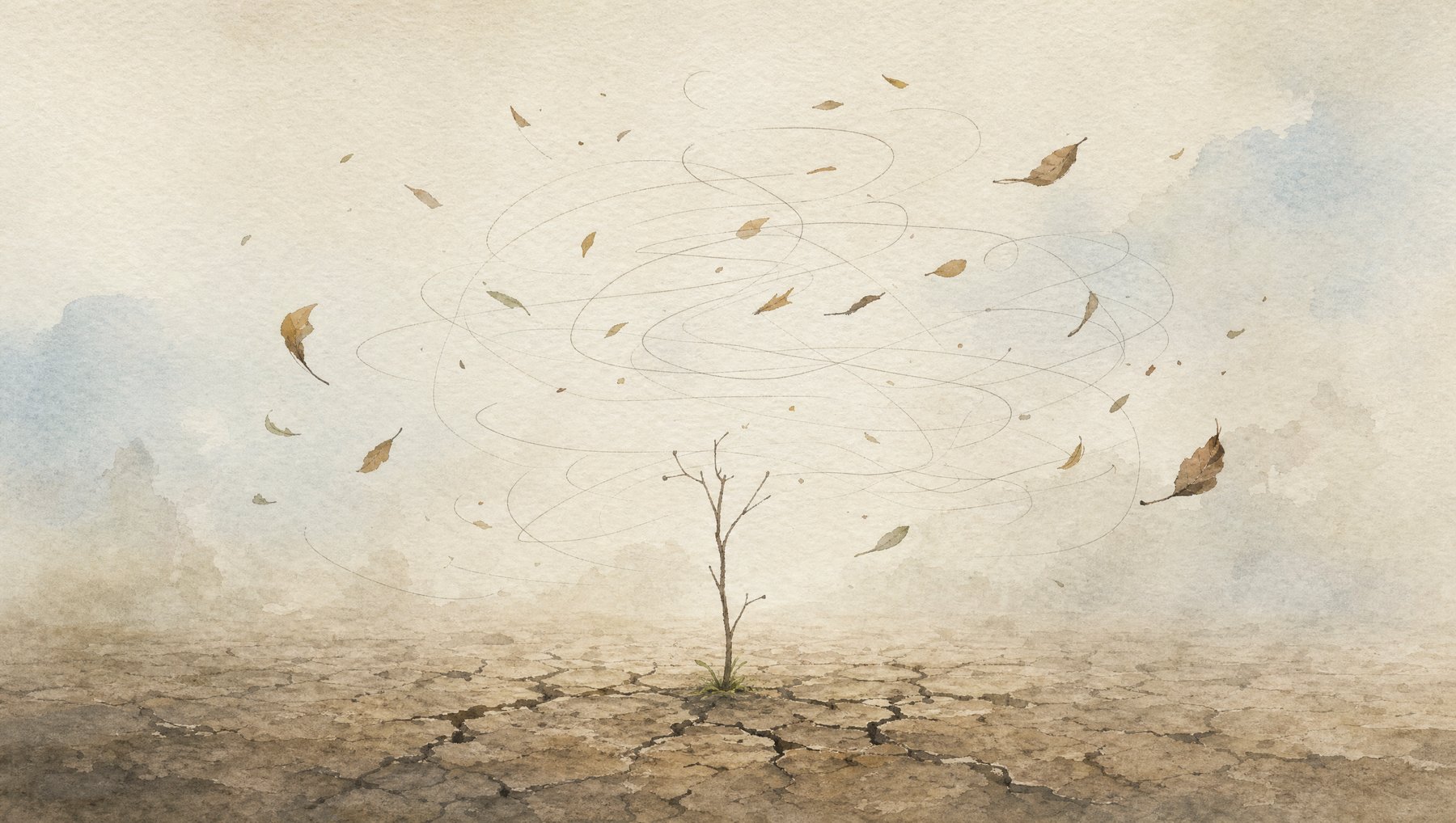 Ein kahler Baum in rissiger Erde, Blätter kreisen wie unruhige Gedanken